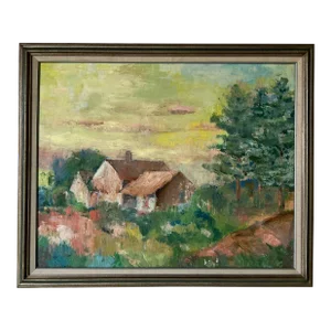 70's Vintage " Old House in Maine " Expressionist - Style Oil on Canvas Painting