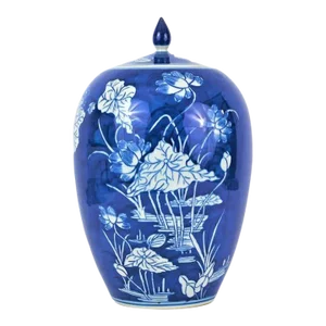 Contemporary Blue & White Chinoiserie Lotus Flower Melon Jar