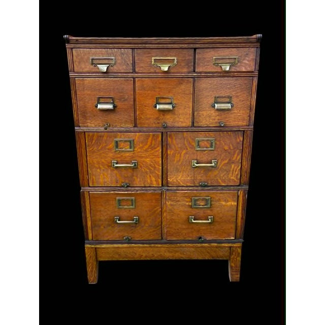Rare 10 Drawer Antique Yawman and Erbe Mfg. Co. Oak Filing Cabinet With Brass Fittings C. 1900-1910 For Sale - Image 4 of 18