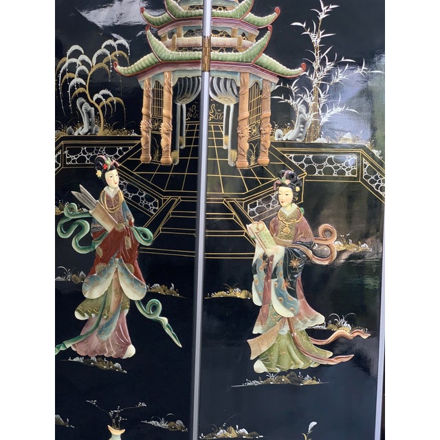 Vintage Chinoiserie Black Lacquer Inlaid Room Divider Screen For Sale - Image 4 of 12