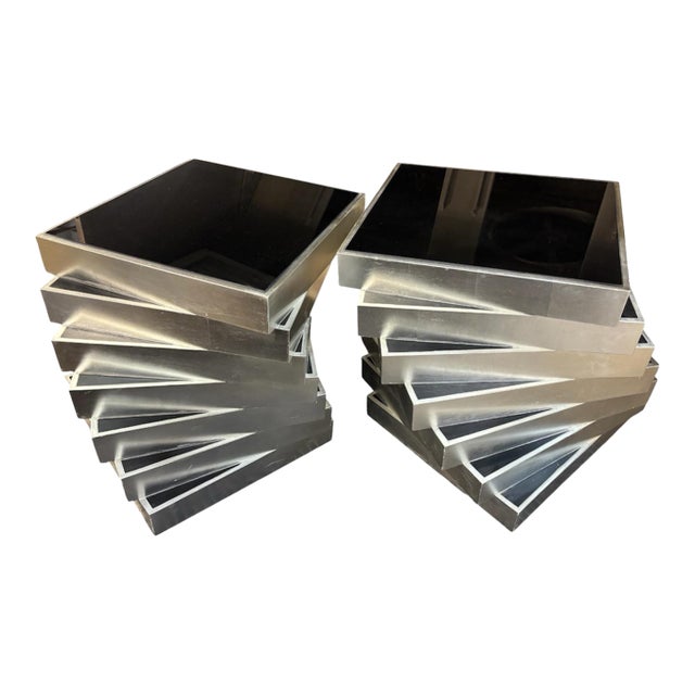 Pair of Mid-Century Modern Silver Leaf and Black Glass Stair Side Tables For Sale
