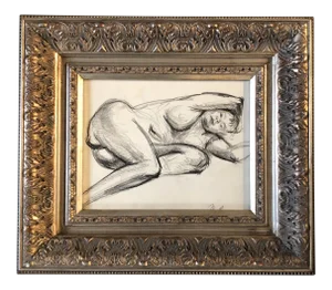 Vintage Original Female Nude Charcoal Study Drawing Vintage Frame
