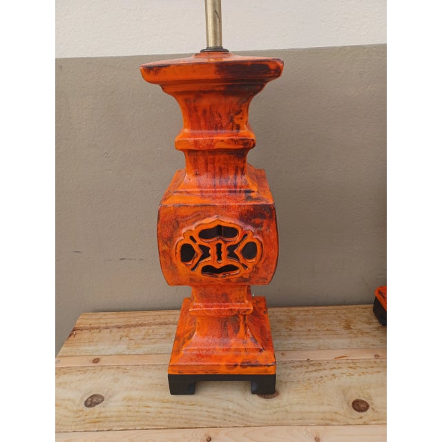 Mid-Century Modern Pair of Vintage 1960s Modern Lava Glazed Orange Lamps For Sale - Image 3 of 4