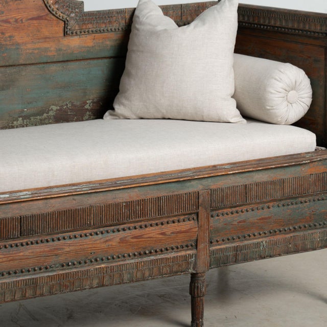 19th Century Swedish Gustavian Original Teal Blue Painted Pine Bench For Sale - Image 11 of 14