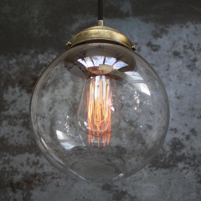 Vintage Clear Glass Pendant Light with Brass Top For Sale - Image 4 of 7