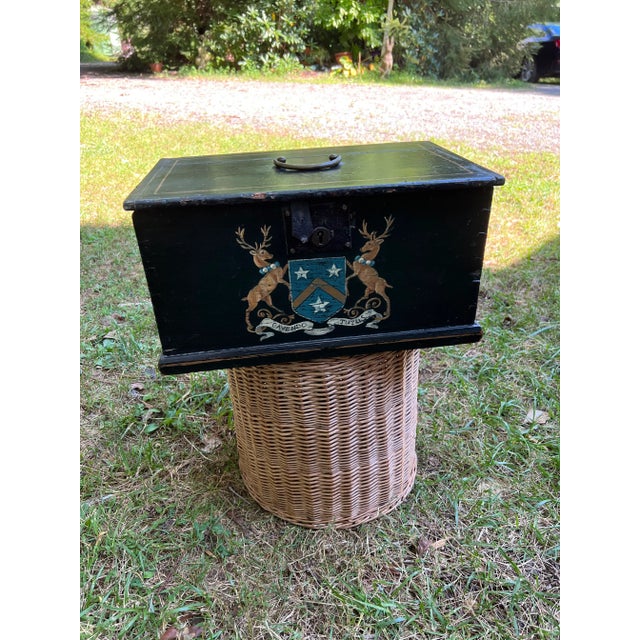 Wood Early 19th Century Antique Wooden Painted Black Box With Deer Crest For Sale - Image 7 of 9