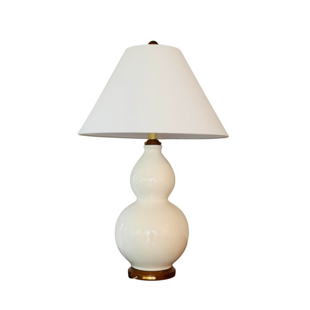 2020s Lauren Ralph Lauren Ivory Crackle-Glaze Double Gourd Ceramic Table Lamp With Wood Base For Sale - Image 5 of 6