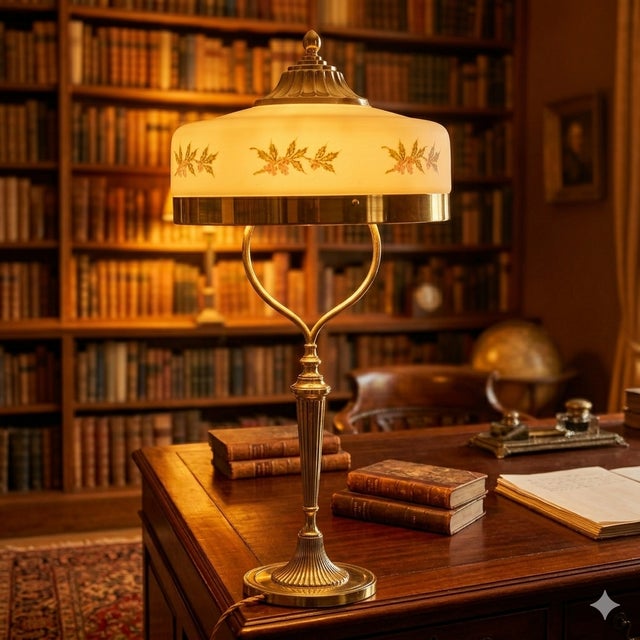 Elegant French Art Nouveau ladies' table lamp, with a polished brass base and classic organic curves. The lamp shade is...