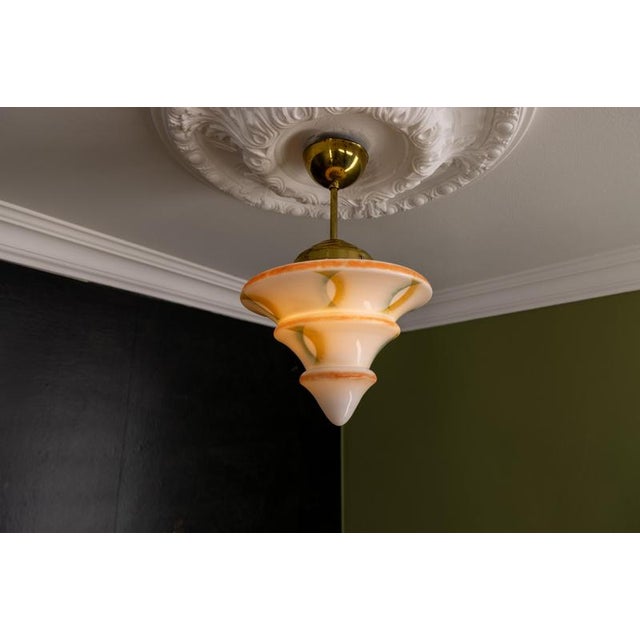 Art Deco White Glass and Brass Pendant Light, Germany, 1930s For Sale - Image 11 of 18