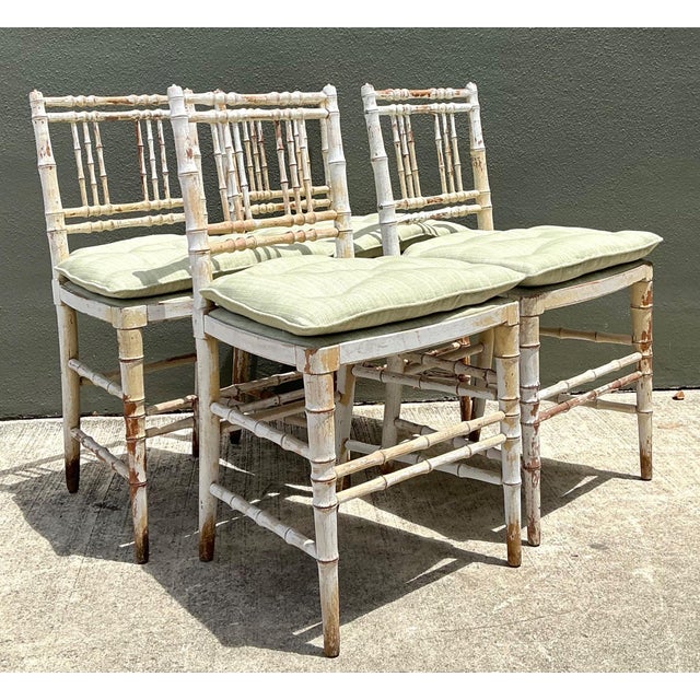 Wood Vintage Distressed Wood Faux Bamboo Spindle Back Chairs - Set of 4 For Sale - Image 7 of 18