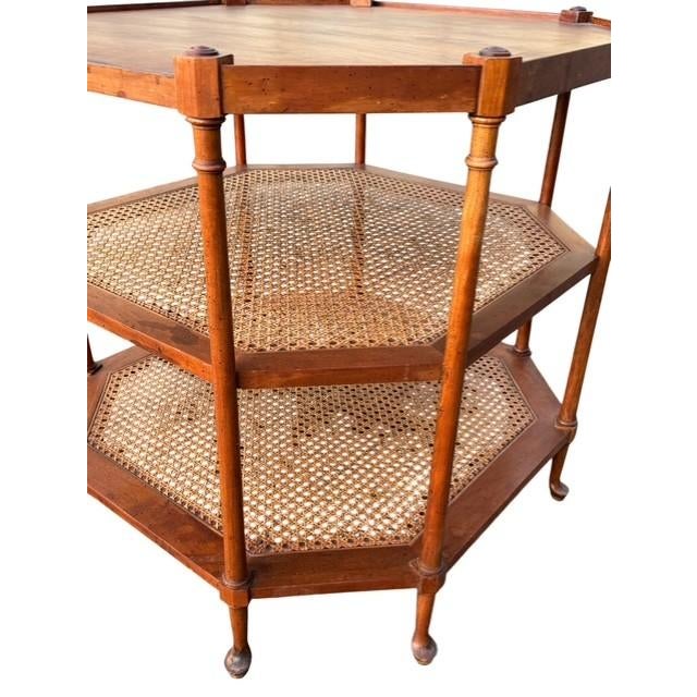 1950s Vintage Baker Furniture Octagonal Bookmatched Walnut & Cane Three-Tier Side Table For Sale - Image 5 of 7