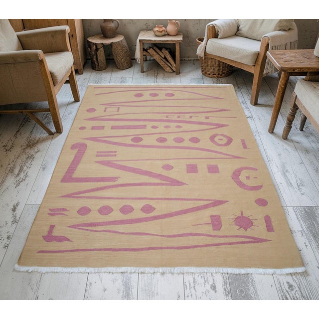Contemporary Handmade Modern Silk Rug Paul Klee Inspired Oushak Kilim Modernist Bauhaus Style Pink Beige 4x6 Ft Approx For Sale - Image 3 of 18