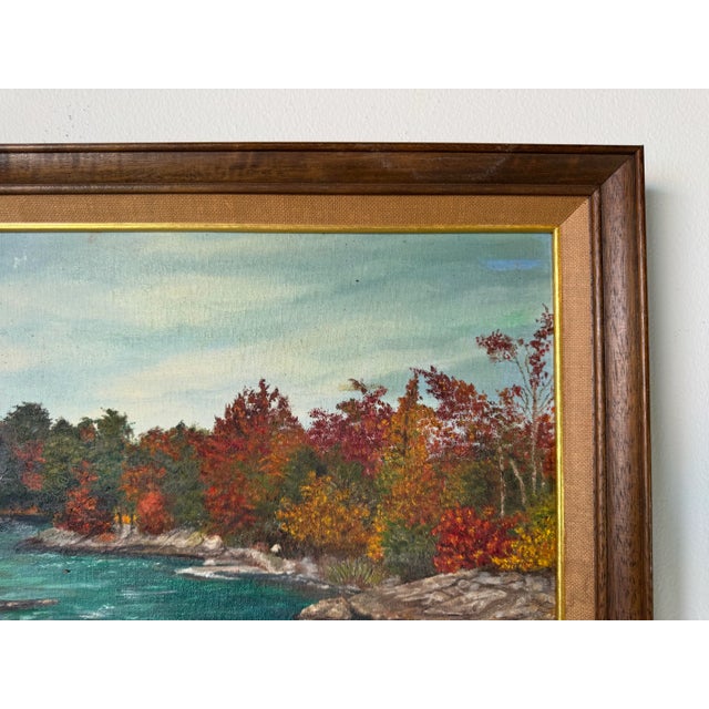 Wood 70's Mrs. c.a. Kercher Dayton, Ohio Vintage Autumn River Landscape Painting, Framed For Sale - Image 7 of 12