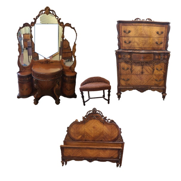 Antique French Style Bedroom Suite with Headboard & Footboard, Seven