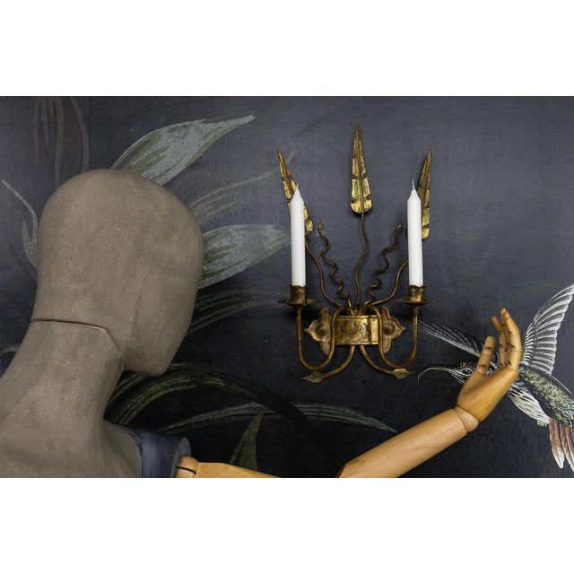 Metal Spanish Gilt Iron Medieval Revival Style Two-Arm Candle Wall Sconce, ca. 1950s For Sale - Image 7 of 18