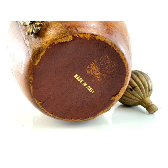 Metal 1960s Italian Leather Wrapped Decanter With Lion Head Brass Medallion For Sale - Image 7 of 13