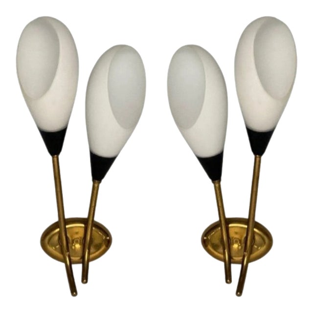 Italian Mid-Century Modern, Wall Sconces, Patinated Brass, Opaline Glass, Italy, 1950s For Sale