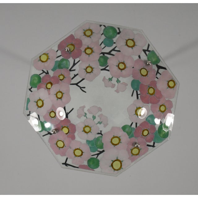 Rose Loys Lucha French Art Deco Pendant Light 1930s - Octagonal Pink Floral Enameled Shade For Sale - Image 8 of 16