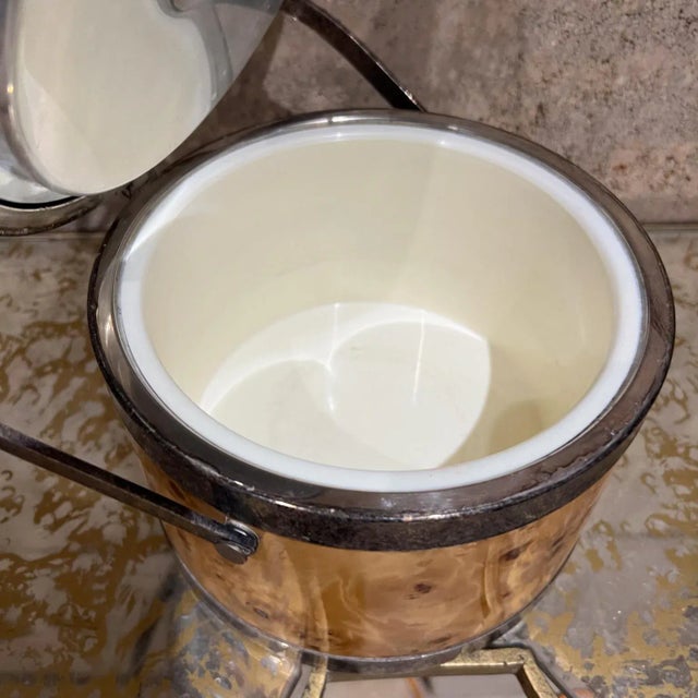 Milo Baughman Mid-Century Modern Italian Burl Wood Silver Chrome Ice Bucket Italy For Sale - Image 4 of 13