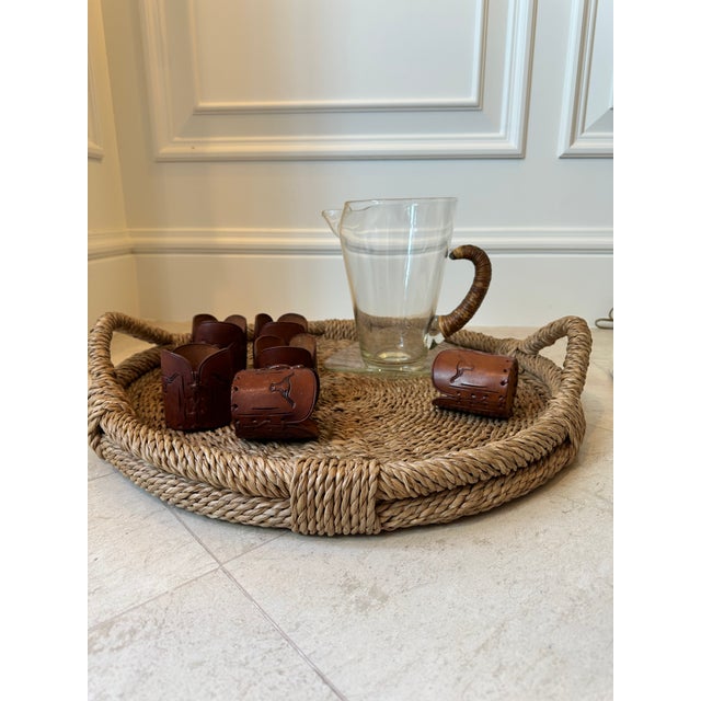 Vintage Carl Aubock Style Pitcher With Rattan Wrapped Handle and Attached Underplate For Sale - Image 14 of 16