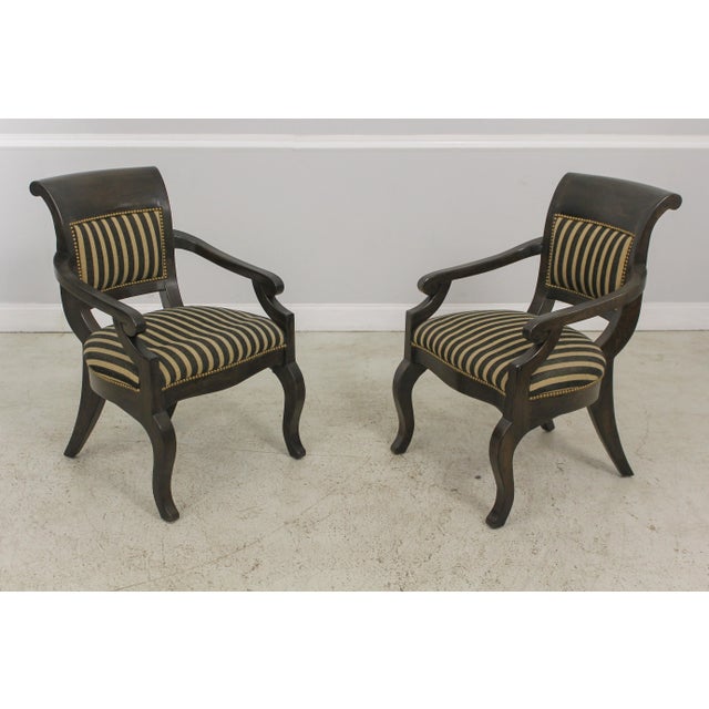 Pair Regency Style Striped Upholstery Open Armchairs For Sale - Image 13 of 13