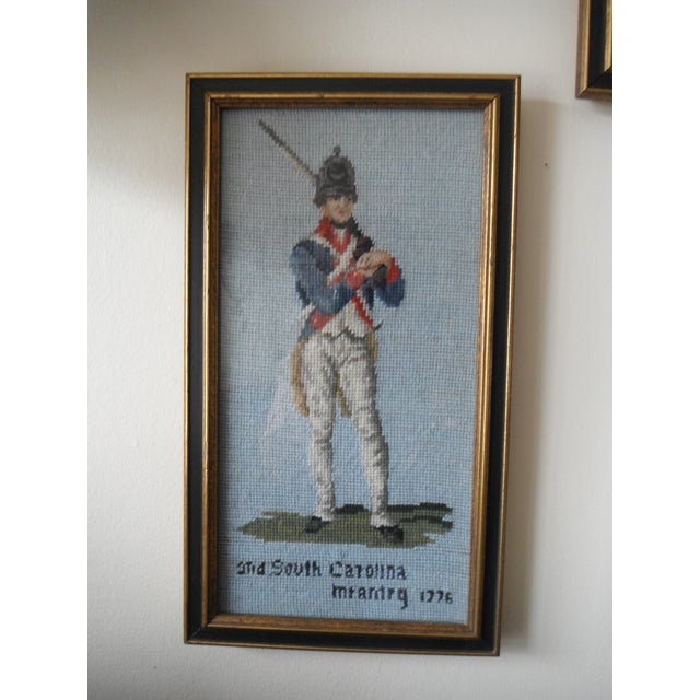 Beautiful c.1950's needlepoint depicting 2nd South Carolina Mountain Army in 1776. Meticulous workmanship highlights not...