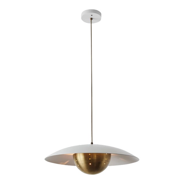 Gabi' Perforated Brass Dome & White Painted Metal Pendant by Alvaro Benitez For Sale