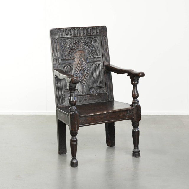 Antique English Oak Wainscot Chair with Wood Carving For Sale - Image 14 of 14