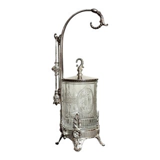 19th Century Ntique Victorian Silver Plate Pickle Castor With Figural Glass For Sale