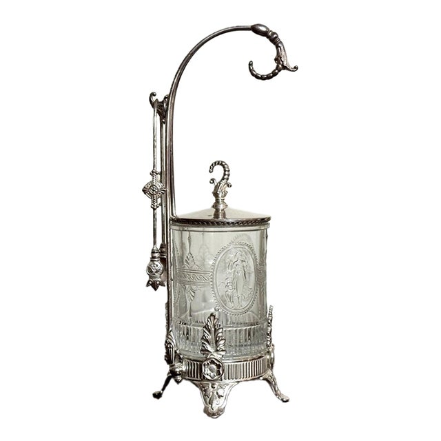 19th Century Ntique Victorian Silver Plate Pickle Castor With Figural Glass For Sale