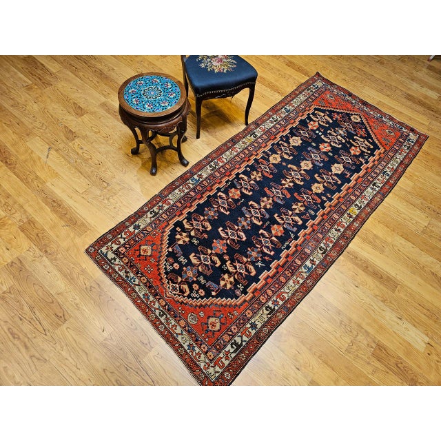 Persian Vintage Persian Malayer Runner Rug, Hand-Knotted Wool, Geometric Pattern, 4x9, Navy & Red For Sale - Image 3 of 12