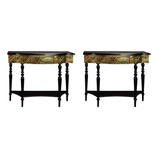 Italian Walnut and Brass Console Table from Justfurnituress SRL, Set of 2 For Sale