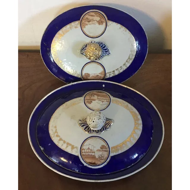 Early 19th Century 1810 Antique Chinese Export Porcelain Entree Serving Dish Painted with Sepia Landscapes - 3 Pieces For Sale - Image 5 of 12