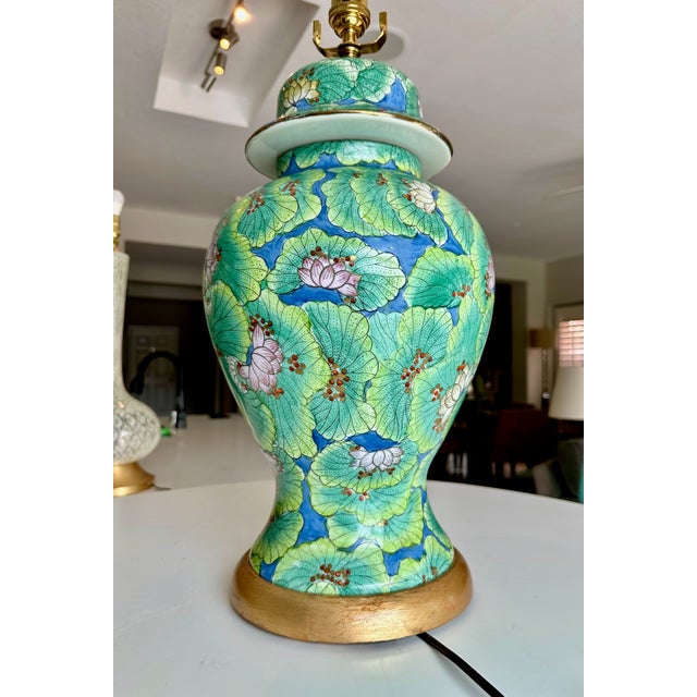 Single Chinese Green Lotus Flower Porcelain Table Lamp For Sale - Image 15 of 18