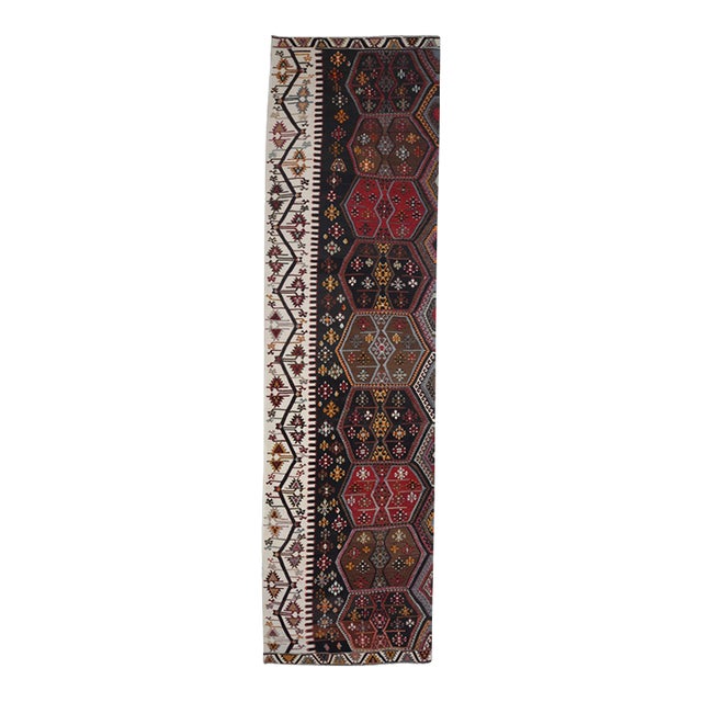 1970s Vintage Handmade Wool Cotton Black Turkish Runner Rug For Sale
