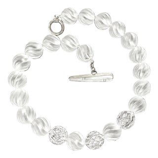 Swirl-Carved Frosted Rock Crystal Bead Necklace With Mother-of-Pearl Clasp For Sale