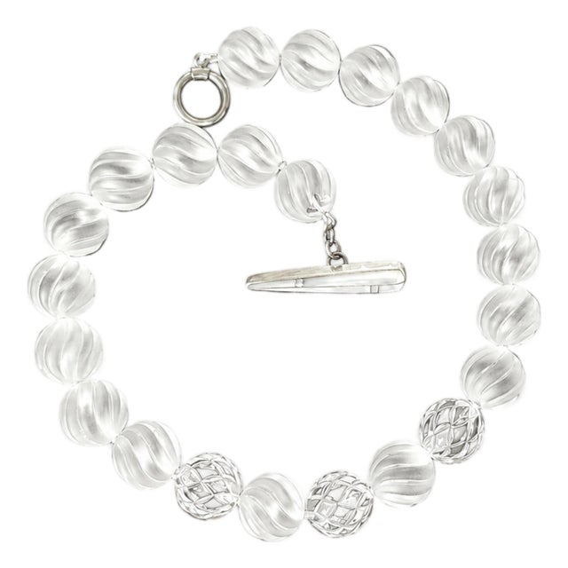 Swirl-Carved Frosted Rock Crystal Bead Necklace With Mother-of-Pearl Clasp For Sale