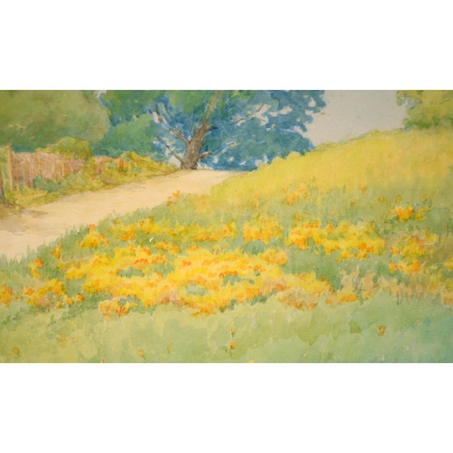 Green California Golden Poppies and Blue Oaks - Rural Landscape in Watercolor on Paper by Marie English Williams For Sale - Image 8 of 10