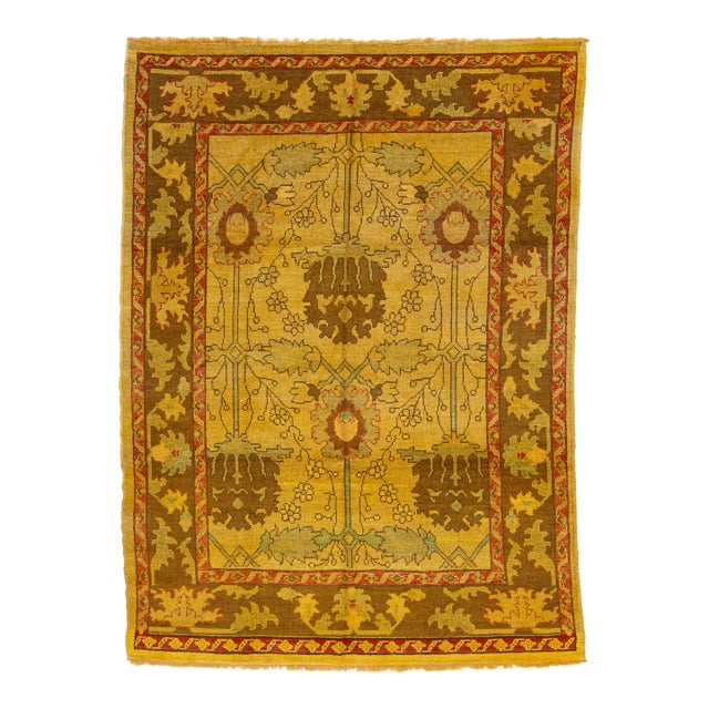 1950s Goldenrod Oushak Handmade Wool Rug With Floral Design For Sale