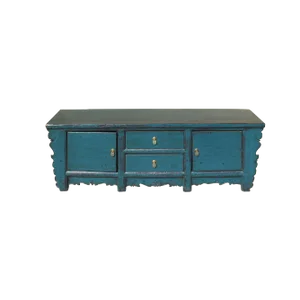 Oriental Distressed Rustic Teal Blue Lacquer Low Console Table Cabinet
