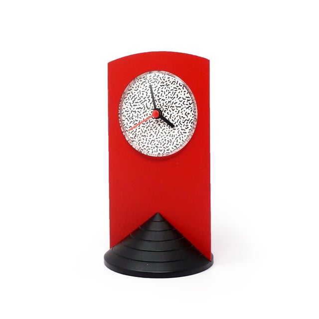 Postmodern 1980s Memphis Style Red Triangle Base Desk Clock For Sale - Image 3 of 9