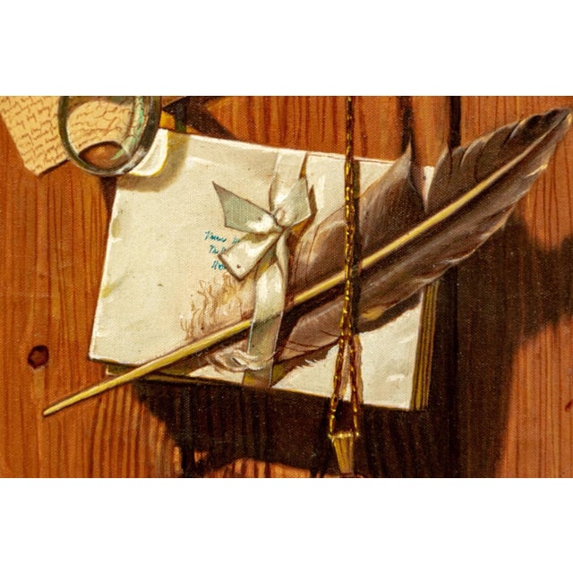 Painting depicts a knotty pine wall with attached objects including a hand written letter with a pendant magnifying glass,...
