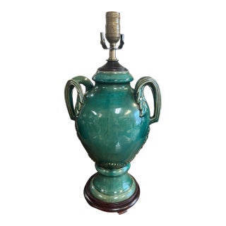 Vintage Turquoise-Green Glazed Ceramic Urn-Style Lamp For Sale