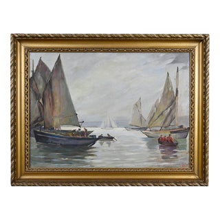 Bustad, Painting Sailboats on a Calm Sea, 1928, Oil on Canvas For Sale