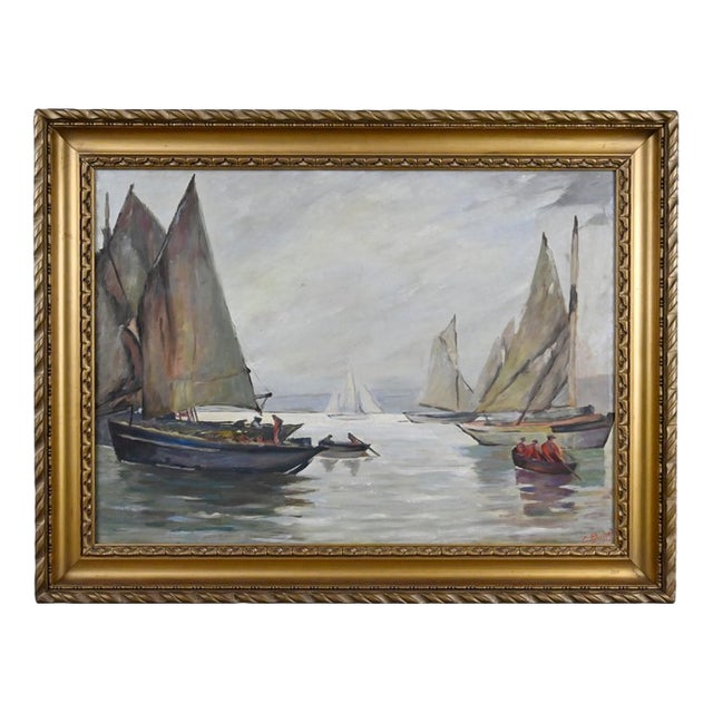 Bustad, Painting Sailboats on a Calm Sea, 1928, Oil on Canvas For Sale