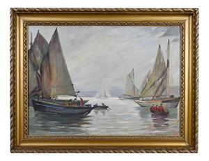 Bustad, Painting Sailboats on a Calm Sea, 1928, Oil on Canvas