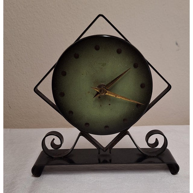 Mid-Century French Mechanical Table Clock with Black Iron Frame and Green Patinated Dial, 1950s For Sale - Image 6 of 6