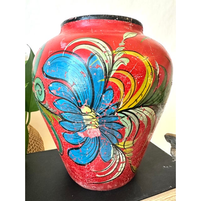 Rustic 1930s Red Mexican Tonala Hand Painted Vase, Antique Floral Folk Art Pottery For Sale - Image 3 of 11