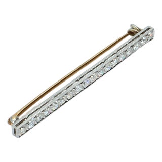 Mid 20th Century Old European Cut Diamond Bar Brooch in Platinum & Yellow Gold For Sale