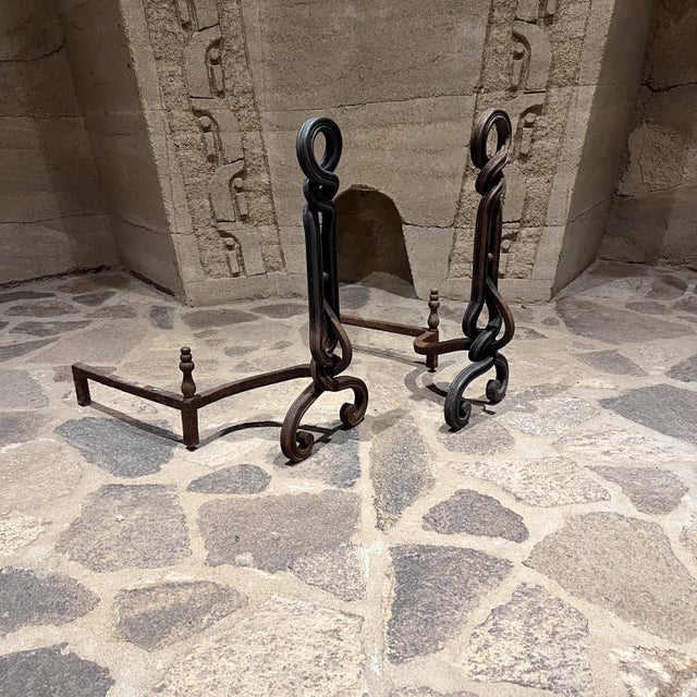 1950s 1950s Sculptural Hand Forged Iron Andirons For Sale - Image 5 of 10